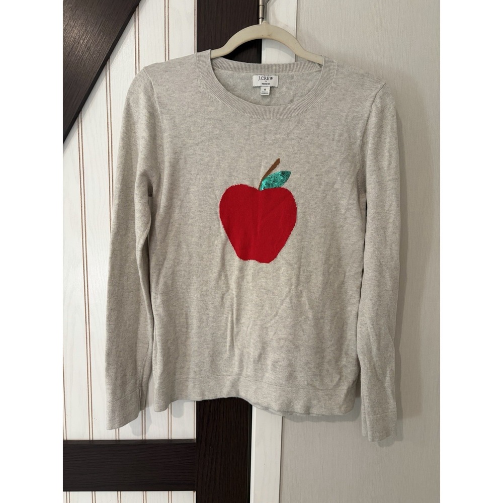 J. Crew Teddie Sweater Womens Small Beige Gray Sequin Apple Cotton Pullover